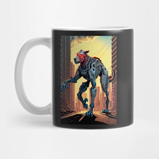 Giant futuristic robot cyborg dog attacking the city Mug